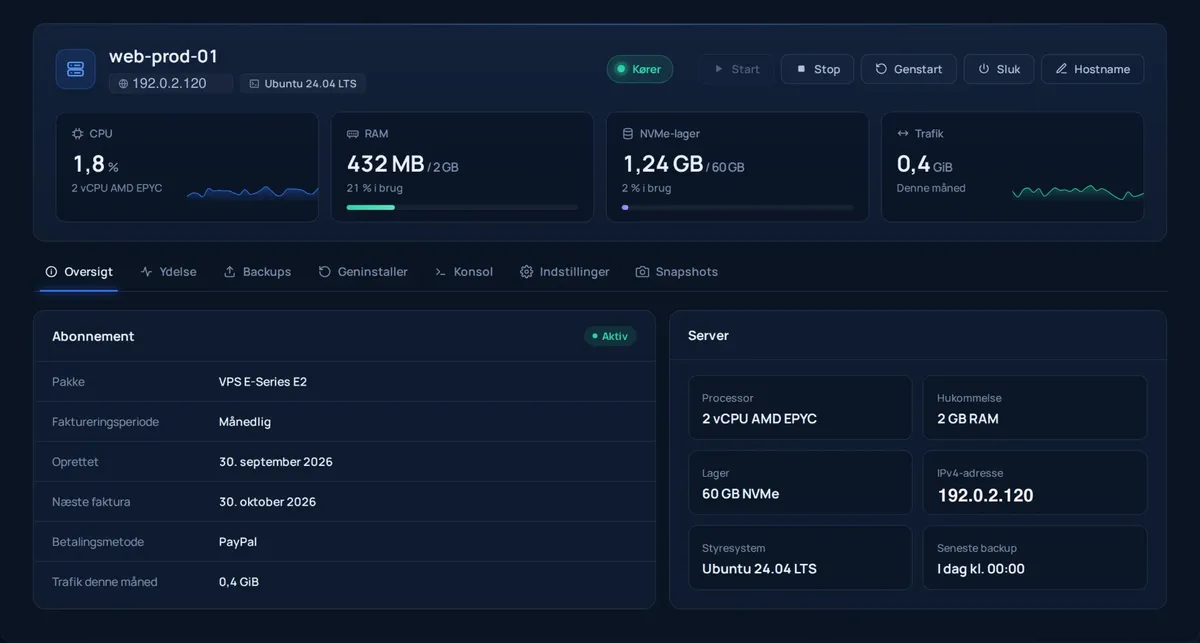 Overview of a VPS: power controls, live CPU, RAM, storage and traffic, subscription and server details